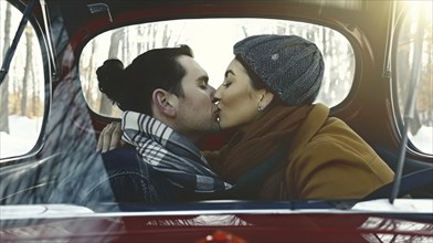 A couple sharing a kiss in a car during winter, both dressed warmly in scarves and hats, AI