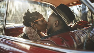 An intimate moment of a couple kissing in a car with a red interior, both wearing hats and