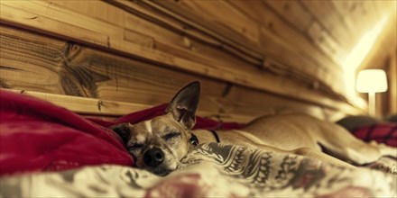 Dog sleeping on a bed with red blankets in a cozy wooden room with a lit lamp, AI generated