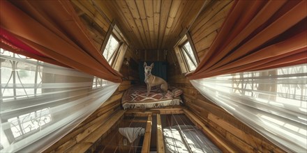 Dog sitting in a cozy wooden cabin with colorful curtains and sunlight streaming in, AI generated