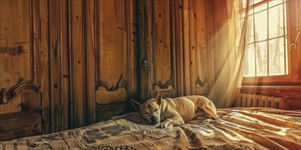 A dog naps peacefully on a bed in a cozy wooden room with sunlight streaming through the window, AI