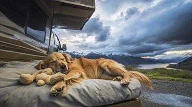 Dog sleeping on RV bed with a toy beside, overlooking a lake and mountains under a cloudy sky, AI