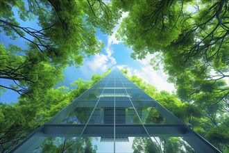 Futuristic representation of glass pyramid house in the forest, AI generated