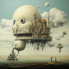 Surrealist city with a giant brain attached to a carriage, AI generated