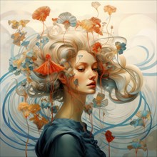 Portrait of a beautiful young woman with blond hair surrounded by swirling orange flowers, AI