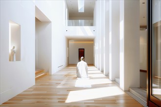 Abstract futuristic minimalist luminous white corridor leading to meditation and religious