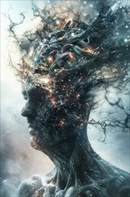 Cosmic Mind made of darkness and light looking as humanoid and showing a Brain Activity Network, AI