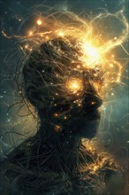 Cosmic Mind made of darkness and light looking as humanoid and showing a Brain Activity Network, AI