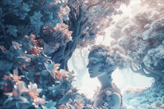 Ethereal surrealistic representation of a young woman dreaming in a pink surrealistic garden, AI