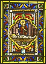 Stained glass representing Sainte Radegonde blessed by Saint Gregoire (Stained glass museum at