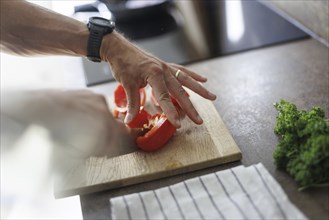 Cooking topic. A man cuts a sweet pepper. Berlin, 01.08.2024