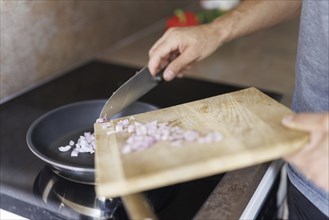 Cooking topic. A man puts onions in a pan to fry them. Berlin, 01.08.2024