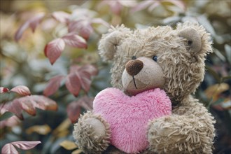 Cute beige teddy bear plush toy holding pink heart. Generative AI, AI generated