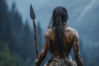 Back view of prehistoric woman with spear on hunt. Generative Ai, AI generated