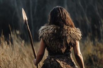 Back view of prehistoric woman with fur and spear on hunt. Generative Ai, AI generated