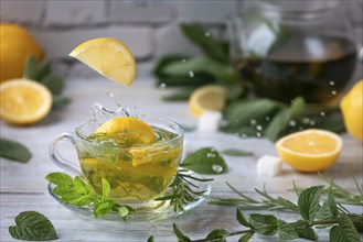 Lemon slices fall splashing into a glass of tea, surrounded by mint, sage and lemon halves