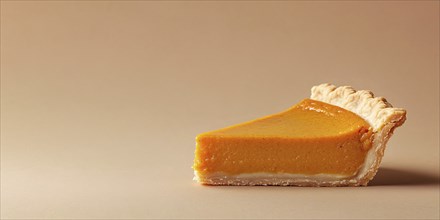 Banner with single slice of pumpkin pie on beige background with copy space. Generative Ai, AI