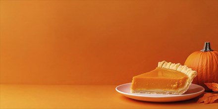 Banner with slice of pumpkin pie and large pumpkin on orange background with copy space. Generative