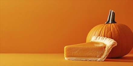 Banner with slice of pumpkin pie and large pumpkin on orange background with copy space. Generative