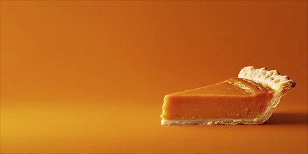 Banner with slice of pumpkin pie on orange background with copy space. Generative Ai, AI generated