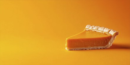 Banner with single slice of pumpkin pie on orange background with copy space. Generative Ai, AI