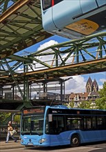 Suspension railway and bus at the Oberbarmen station junction, Wuppertal, Bergisches Land, North