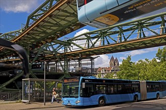 Suspension railway and bus at the Oberbarmen station junction, Wuppertal, Bergisches Land, North