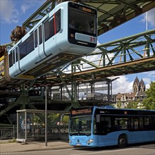 Suspension railway and bus at the Oberbarmen station junction, Wuppertal, Bergisches Land, North