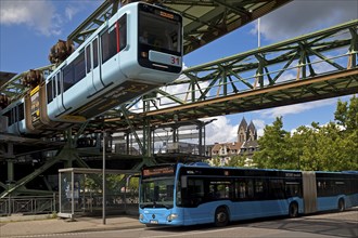 Suspension railway and bus at the Oberbarmen station junction, Wuppertal, Bergisches Land, North