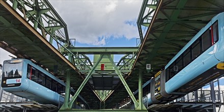 Two suspension railways at the traffic junction of Oberbarmen station, Wuppertal, Bergisches Land,