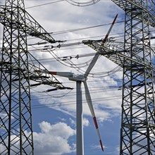 Two overhead line pylons and a wind turbine, Witten, Ruhr area, North Rhine-Westphalia, Germany,