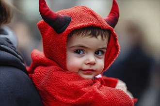 Boy child with red Halloween devil costume hoodie with horns. Generative Ai, AI generated