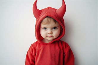 Boy child wearing red Halloween devil costume hoodie with horns in front of white background.