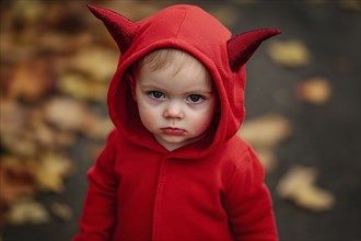 Sulking boy child wearing red Halloween devil costume hoodie with horns, Generative Ai, AI