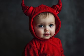 Cute baby wearing red Halloween devil costume hoodie with horns. Generative Ai, AI generated