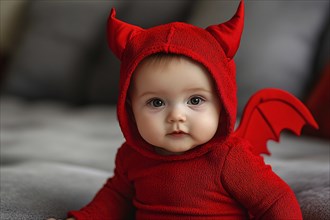 Cute baby wearing red Halloween devil costume hoodie with horns and wings. Generative Ai, AI