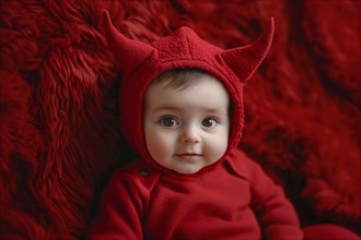 Cute baby wearing red Halloween devil costume hoodie with horns. Generative Ai, AI generated