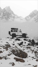 A white Land Rover parked on a rocky, snow-covered hill with misty mountains in the background, AI