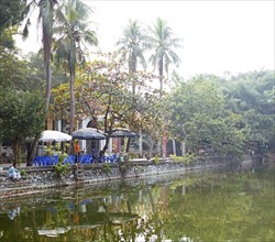 Restaurant at the panoramic lake of the Buddhist Thay Temple or Chua Thay or Master Temple, Sai Son