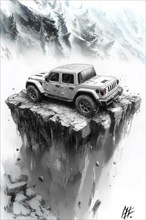 White Jeep perched precariously on a snowy mountain cliff edge, embodying a dramatic, adventurous