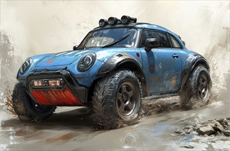 Blue off-road car racing through muddy terrain, capturing a sense of dynamic adventure, AI