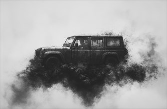 Rugged Jeep moving through rocky, smoky terrain in a dramatic black and white composition, AI