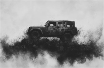 Black and white depiction of a rugged Jeep driving across rocky terrain, creating dust clouds, AI