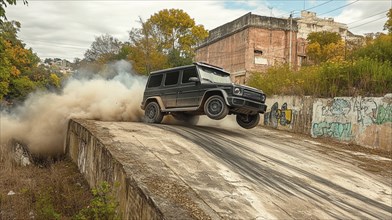 SUV jumping off a dirt road, surrounded by dust, with an abandoned building and graffiti in the