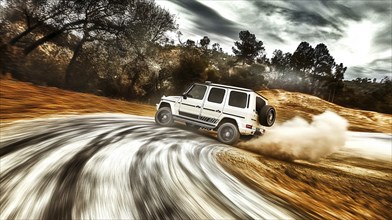 SUV drifting on a dirt road through a valley at sunset, creating a dynamic and powerful atmosphere,