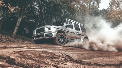 An SUV drifting through a dirt road in a forest, stirring up dust in a powerful, action-packed