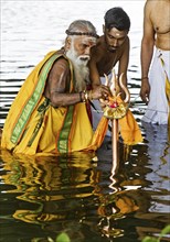 Head priest Siva Sri Arumugam Paskarakurukkal in the Datteln-Hamm canal during ritual purification,