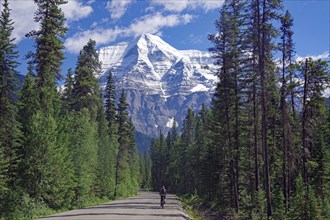 A narrow road leads to a snow-covered mountain under a blue sky, cyclist, Mount Robson, British