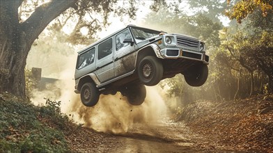 An SUV airborne on a dirt road in a forest, sending up clouds of dust, AI generated