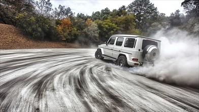 A white SUV drifting on a road surrounded by autumn trees, creating plumes of white smoke, AI